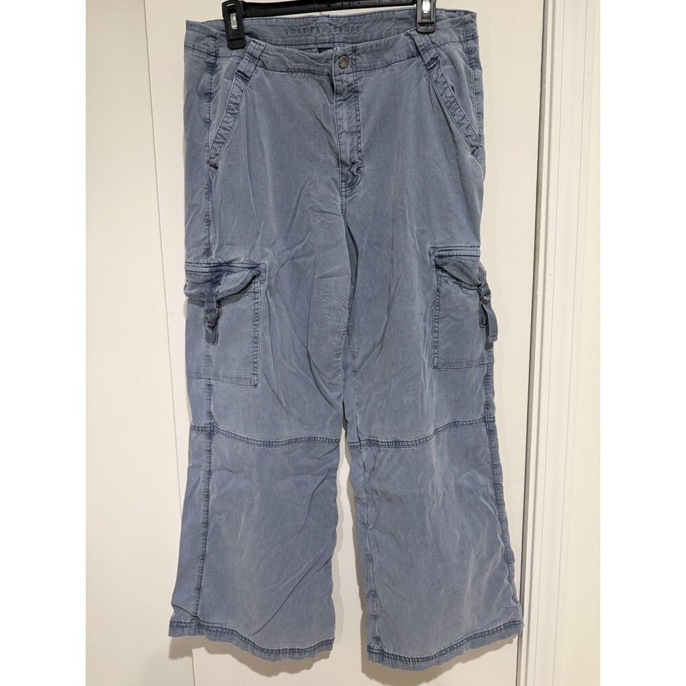 American Eagle Super High Rise Baggy Wide Leg Cargo Pants Blue Gray Size 14